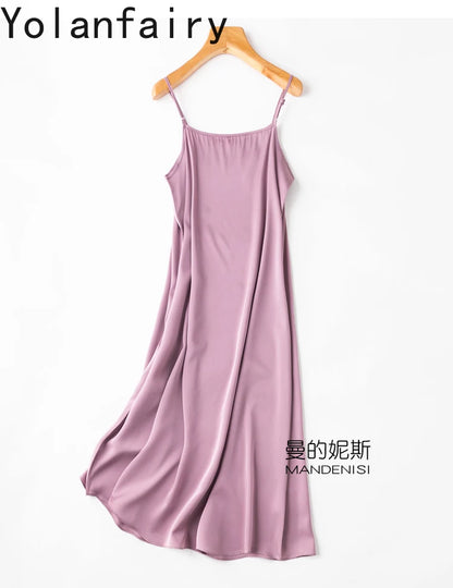 YOLANFAIRY 19momme 93% Mulberry Silk Spaghetti Strap Dress for Women Elegant Mid-length Sexy Real Silk Summer Dresses Woman 원피스