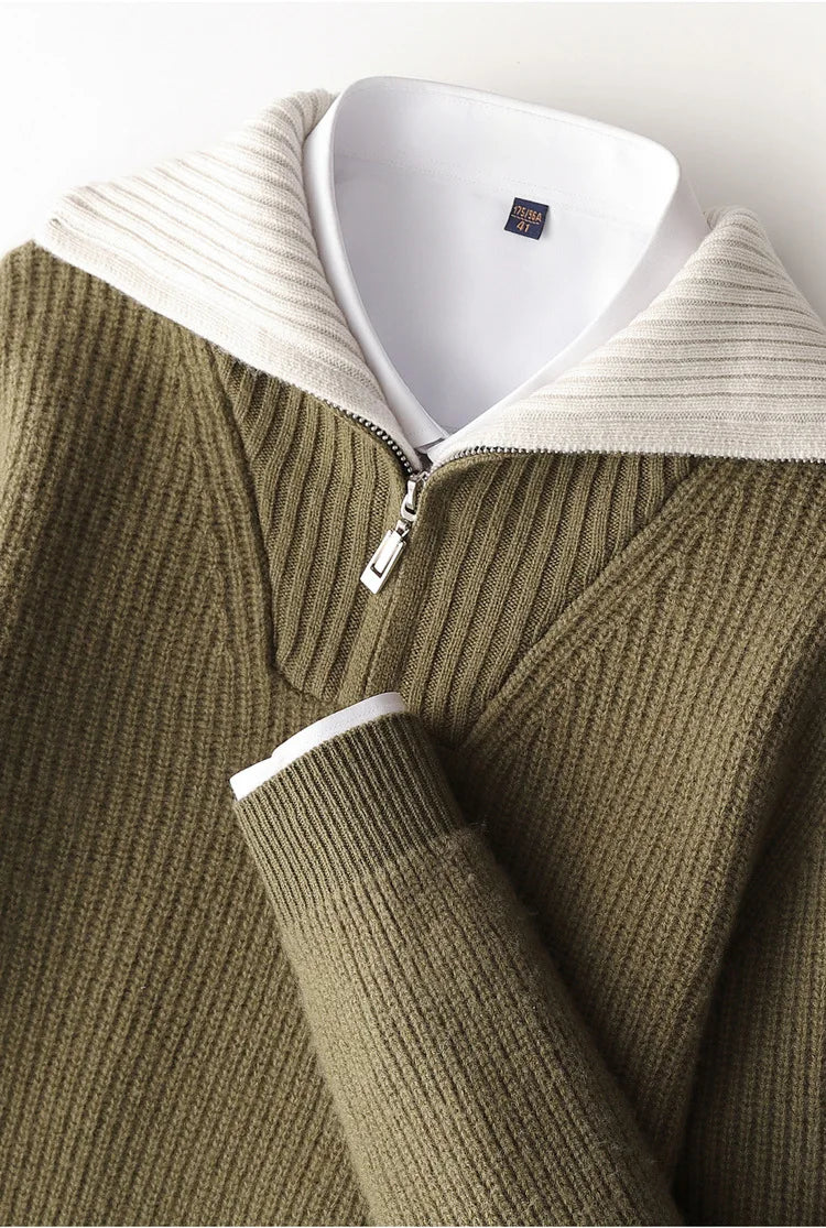 High Quality Men 100% Wool Sweater Turn Down Collar Zippers Pullover 2025 Autumn/Winter Thickened Soft Warm Knitwear Jumper Tops