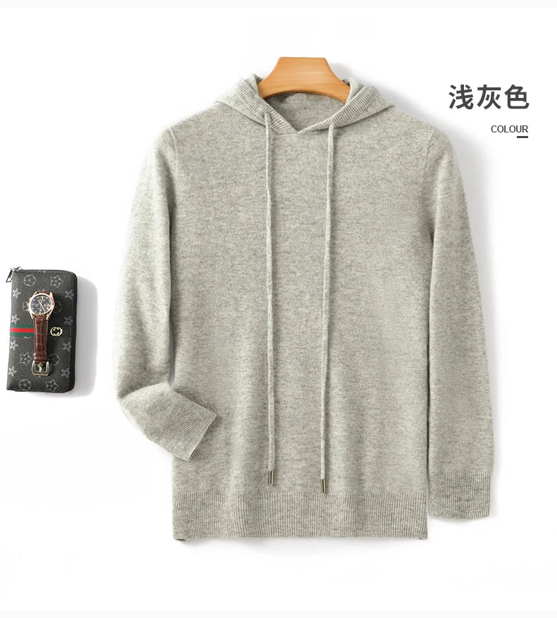 Men's 100% Merino Wool Sweater Hooded Collar Knitted Pullover Cashmere Sweatshirt Autumn Winter Casual Large Tops Long Sleeved