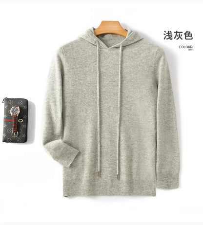 Men's 100% Merino Wool Sweater Hooded Collar Knitted Pullover Cashmere Sweatshirt Autumn Winter Casual Large Tops Long Sleeved