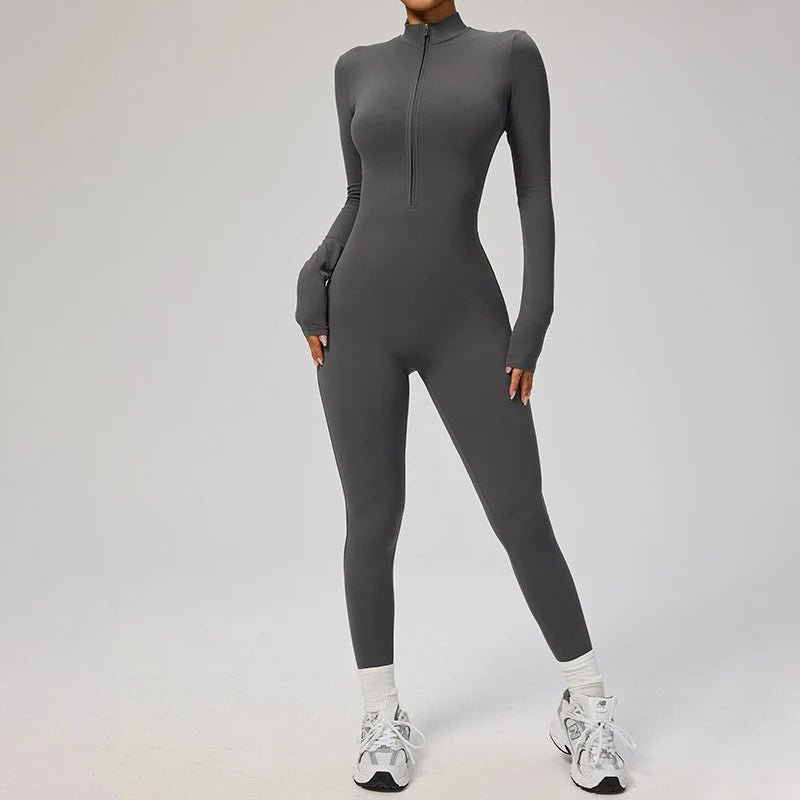 TRY TO BN Women's Jumpsuit Long Sleeve Zipper Shapewear Bodysuit Yoga Fitness One Piece Tights Gym Clothing Mono Deportivo Mujer