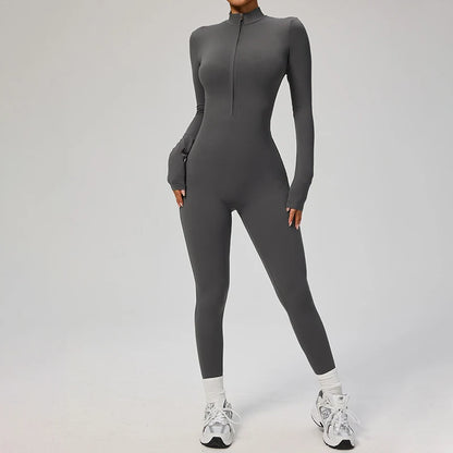 TRY TO BN Women's Jumpsuit Long Sleeve Zipper Shapewear Bodysuit Yoga Fitness One Piece Tights Gym Clothing Mono Deportivo Mujer