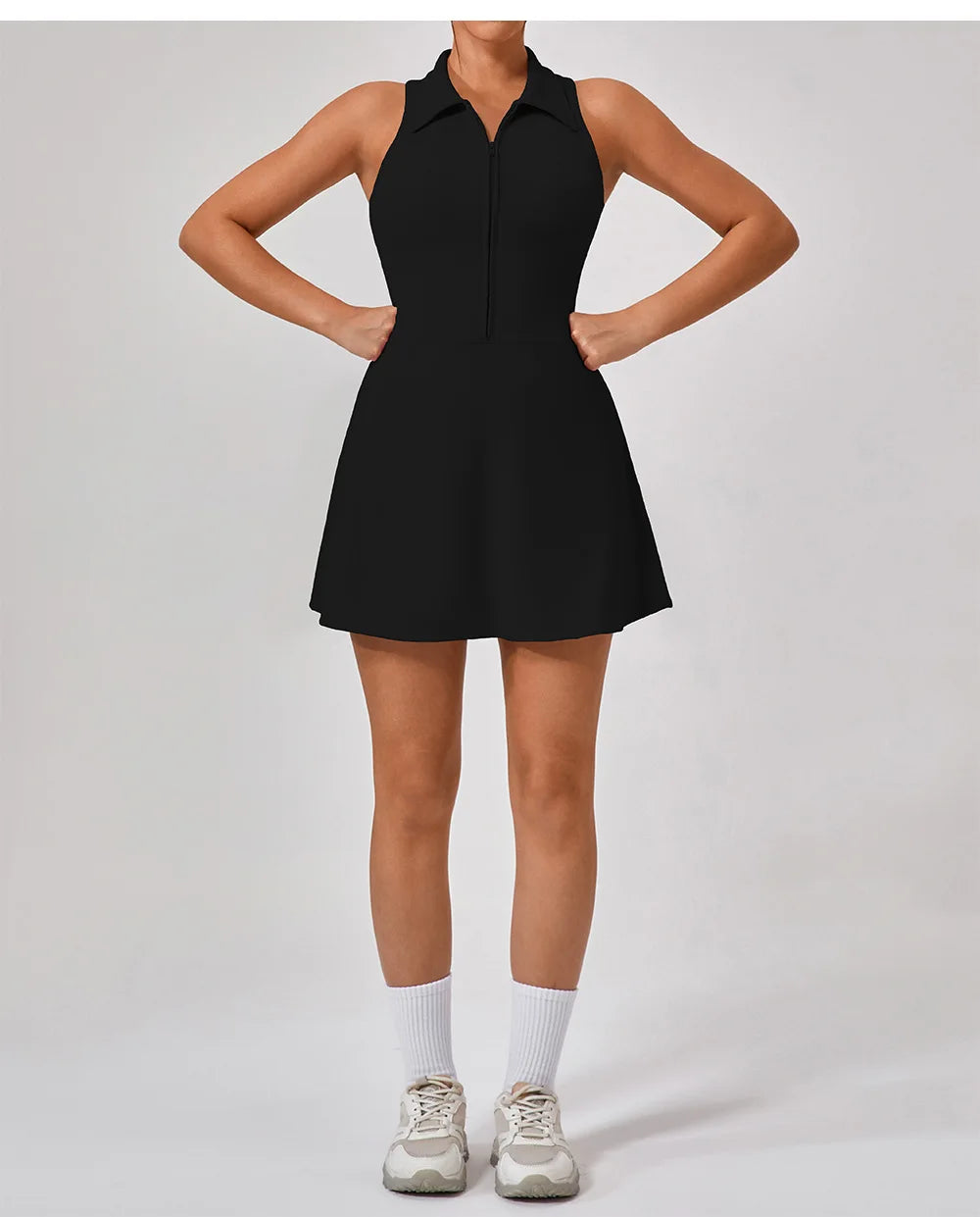 Women's Tennis Dress Women Turn Down Collar Front Zipper 2-in-1 Golf Sports Tight Dress Fitness Workout Running Pocket Skort
