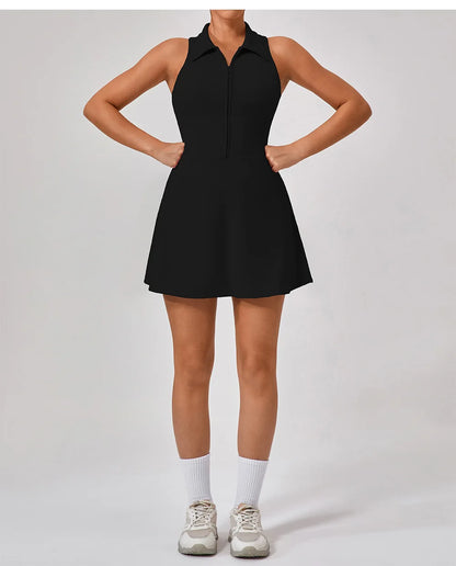 Women's Tennis Dress Women Turn Down Collar Front Zipper 2-in-1 Golf Sports Tight Dress Fitness Workout Running Pocket Skort