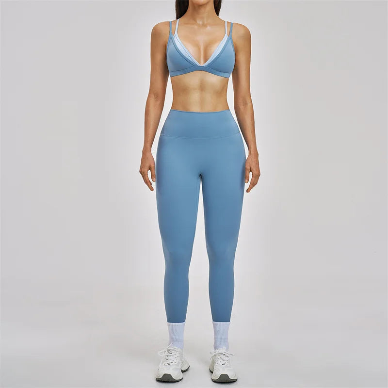 TRY TO BN Women's Color Block Yoga Sets Fake Two-Piece Sports Bra High Waisted Leggings Breathable Fitness Workout Gym Tracksuit