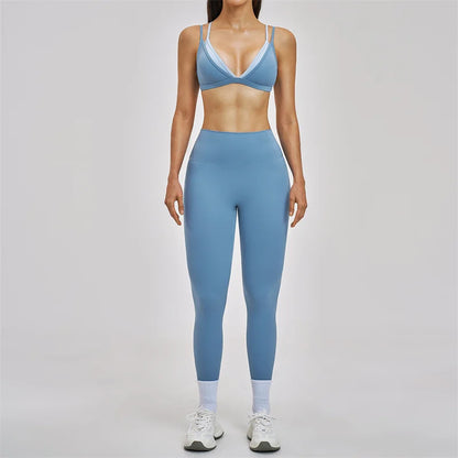 TRY TO BN Women's Color Block Yoga Sets Fake Two-Piece Sports Bra High Waisted Leggings Breathable Fitness Workout Gym Tracksuit
