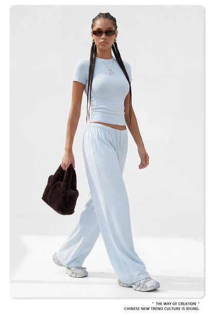 Custom LOGO women's spring summer new 200G high-elastic short slim-fit short-sleeved trousers casual sports two-piece set