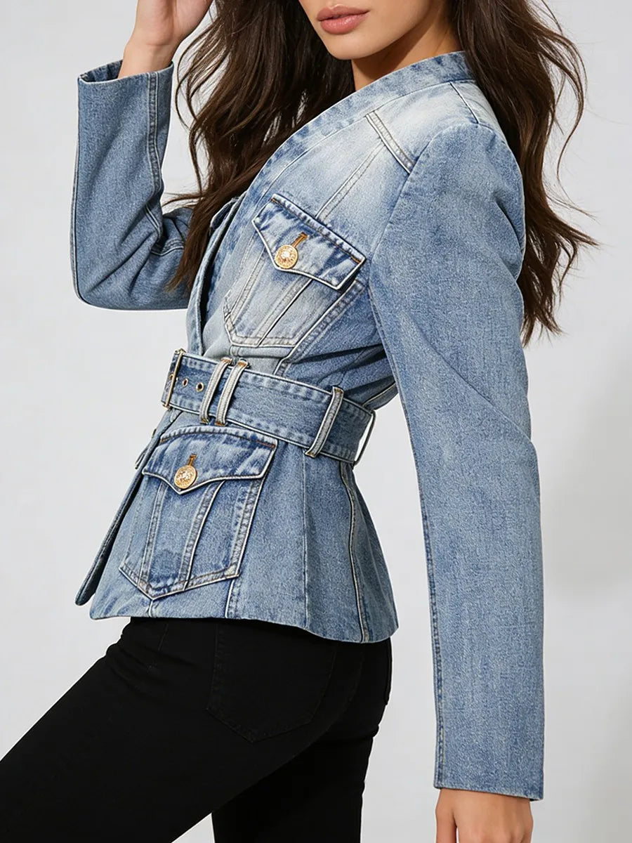TWOTWINSTYLE Fashion Slimming Spliced Pockets Cowboy Jackets for Women V Neck Long Sleeve Tunic Patchwork Belt Jacket Female New