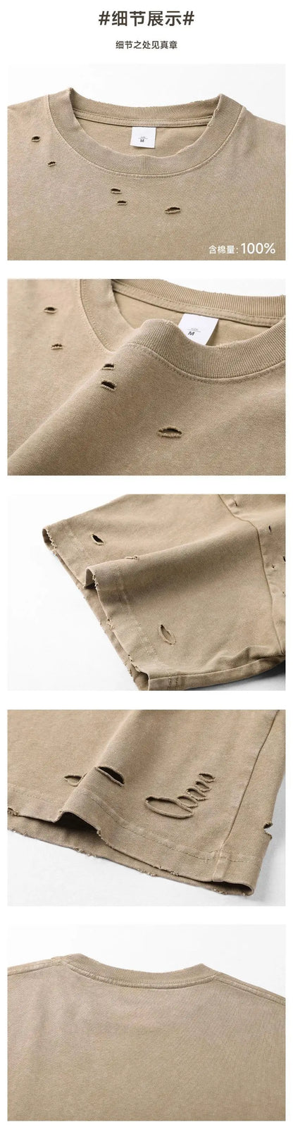 DIY Custom LOGO DIY 300gsm Heavy Thick Ripped Holes Short Sleeves T-shirt Solid Color Oversized Casual Summer Harakuju Tees