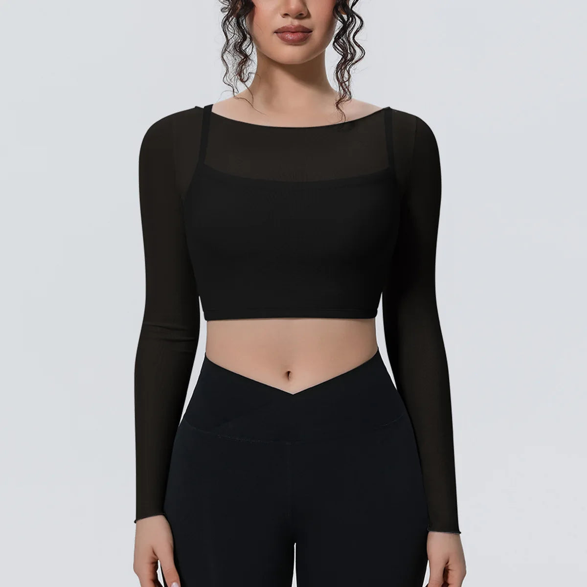 Hearuisavy Women's Mesh Long Sleeve Yoga Top With Padded Bra Fake Two Piece Gym Clothing Fitness Top Quick Dry Sports Crop Top