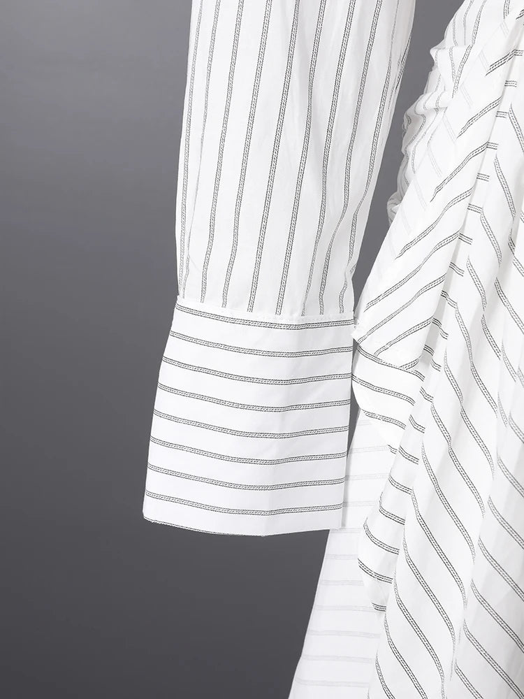 DEAT Fashion Striped Wrap Tie Waist Shirt Mini Dress Women's Lapel Asymmetric Ruched Hem Striped Bodycon Dresses Summer New