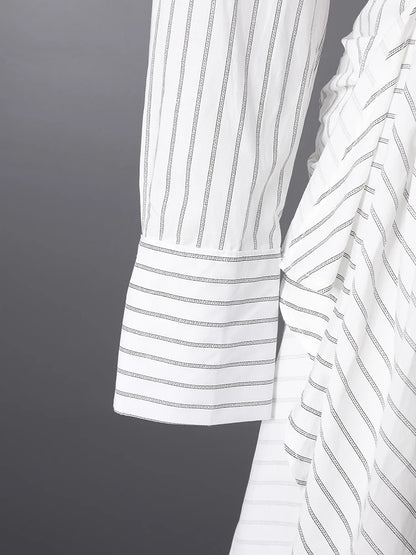 DEAT Fashion Striped Wrap Tie Waist Shirt Mini Dress Women's Lapel Asymmetric Ruched Hem Striped Bodycon Dresses Summer New