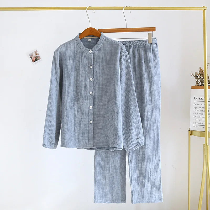 2026 Spring and Autumn New Couple Pajama Set 100% Pure Cotton Crepe Cloth Men's and Women's Stand up Neck Simple Home Clothing