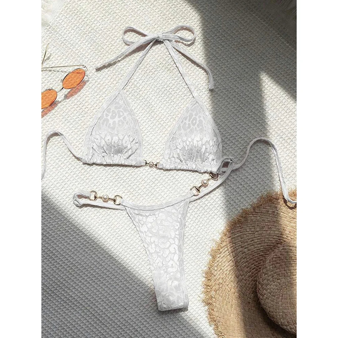 S - XL Leopard Pearl Mini Micro Thong Bikini Female Swimsuit Women Swimwear Two-piece Bikini set Bather Bathing Suit Swim V5207B