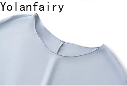YOLANFAIRY 23MM 93% Real Mulberry Silk T Shirts for Women Summer O-neck Blouse Woman Elegant Shirt Loose OL Tops and Blouses