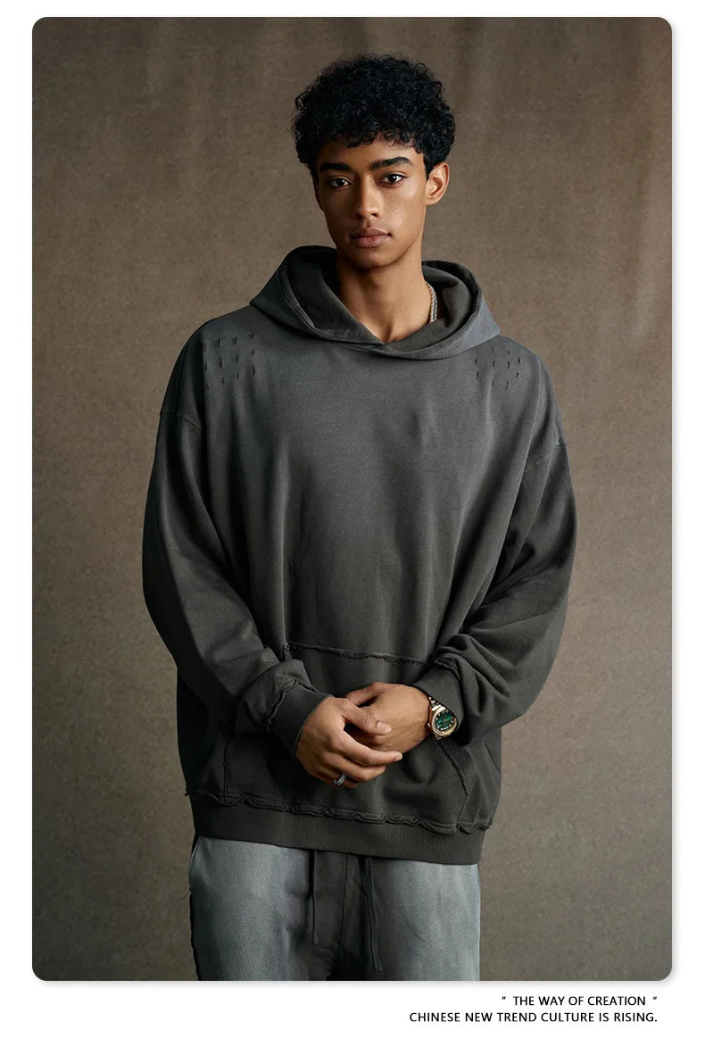 Custom LOGO men's 2025 autumn 370G heavy 100% cotton gradual change hole hooded sweater straight trousers set