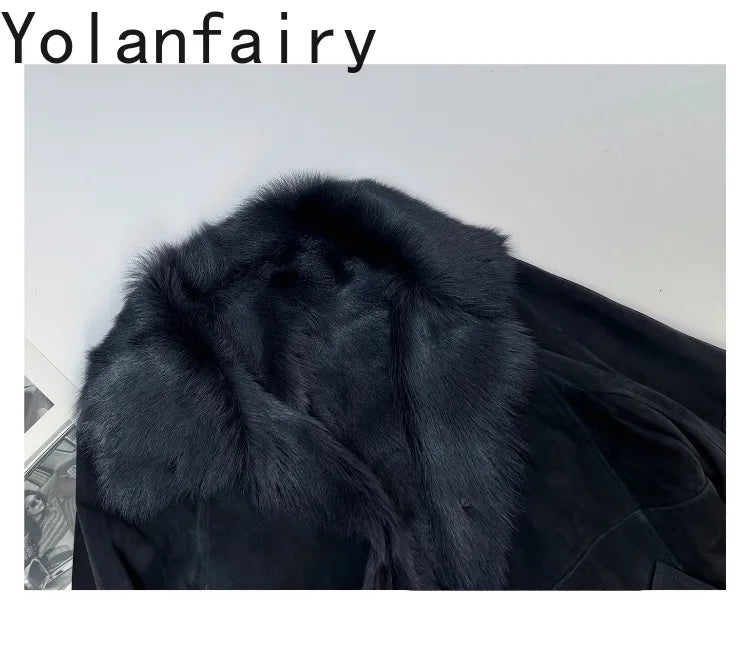 YOLANFAIRY Real Goatskin Leather Fur Coats for Women Winter High-end Natural Fur Coat Lazy Style Long Leather Jacket Luxury Wear