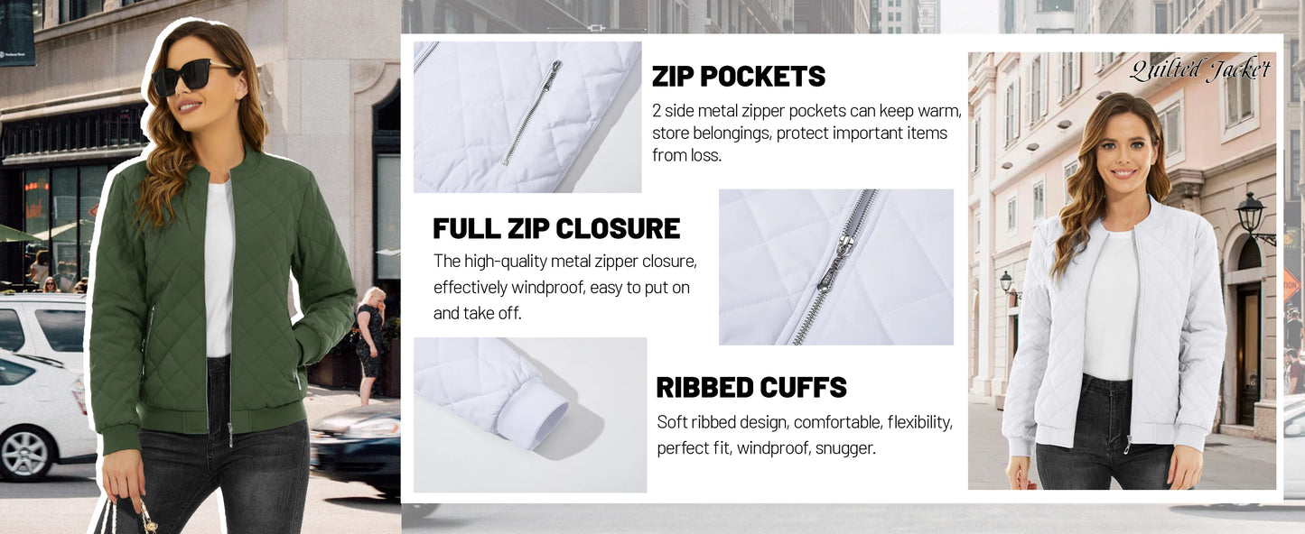 TACVASEN Padded Warm Jackets Womens Fashion Retro Pilot bomber Jackets Diamond Quilted Coats Full Zip Up Pockets Casual Outwear