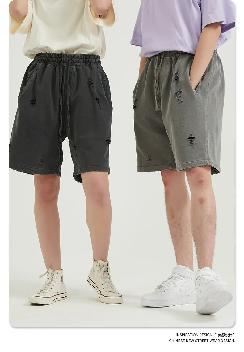 Customized LOGO Men's Heavy 100% Cotton High Street Wind Wash Old Loose Cut Couple Retro Shorts