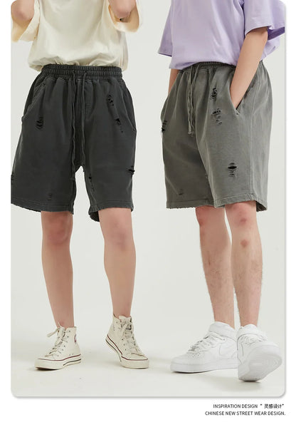 Customized LOGO Men's Heavy 100% Cotton High Street Wind Wash Old Loose Cut Couple Retro Shorts