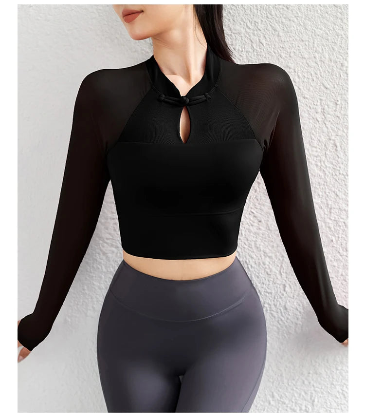 Workout Crop Tops for Women Yoga Long-sleeved Slim Fit Athletic Gym Built in Bra Running Workout