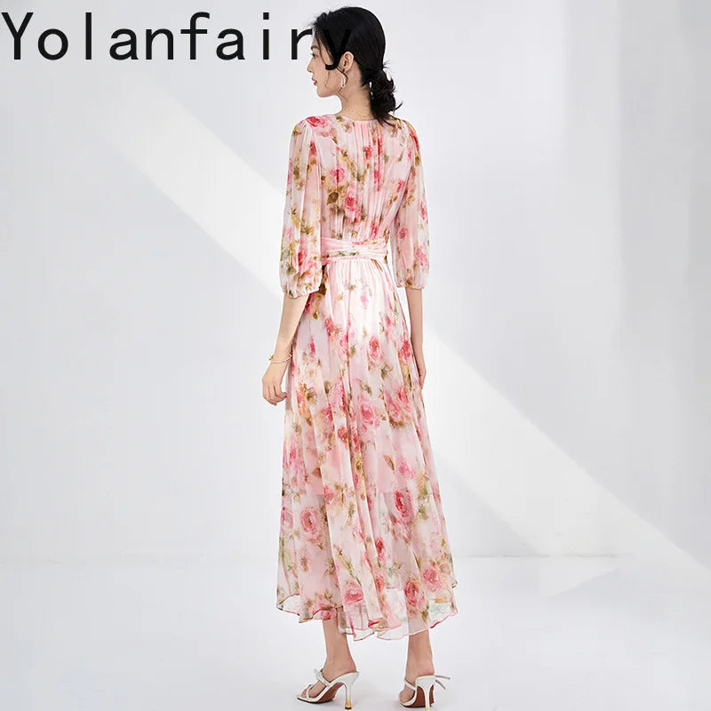 YOLANFAIRY 100% Real Silk Floral Dresses Woman Summer Clothes Elegant Mulberry Silk Pink Dress Romantic Women's Birthday Dress