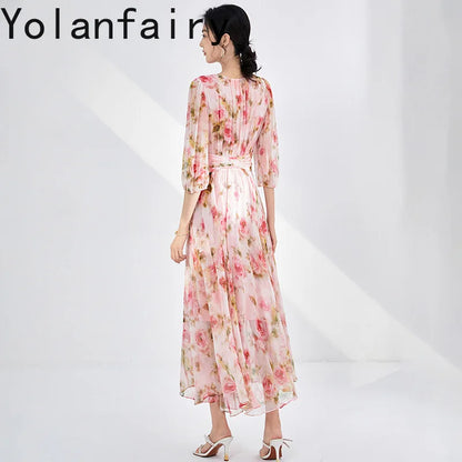 YOLANFAIRY 100% Real Silk Floral Dresses Woman Summer Clothes Elegant Mulberry Silk Pink Dress Romantic Women's Birthday Dress