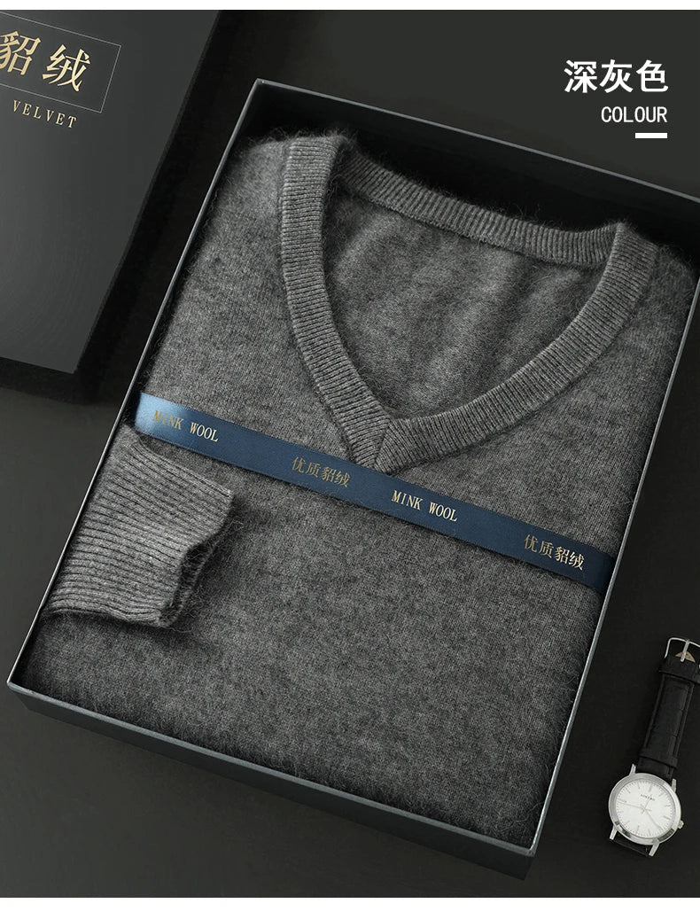 100% Pure Mink Cashmere Sweater Men's V-Neck Pullovers Knit Large Size Mink Sweater Winter New Long Sleeve High-End Jumpers Tops