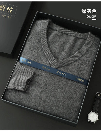 100% Pure Mink Cashmere Sweater Men's V-Neck Pullovers Knit Large Size Mink Sweater Winter New Long Sleeve High-End Jumpers Tops