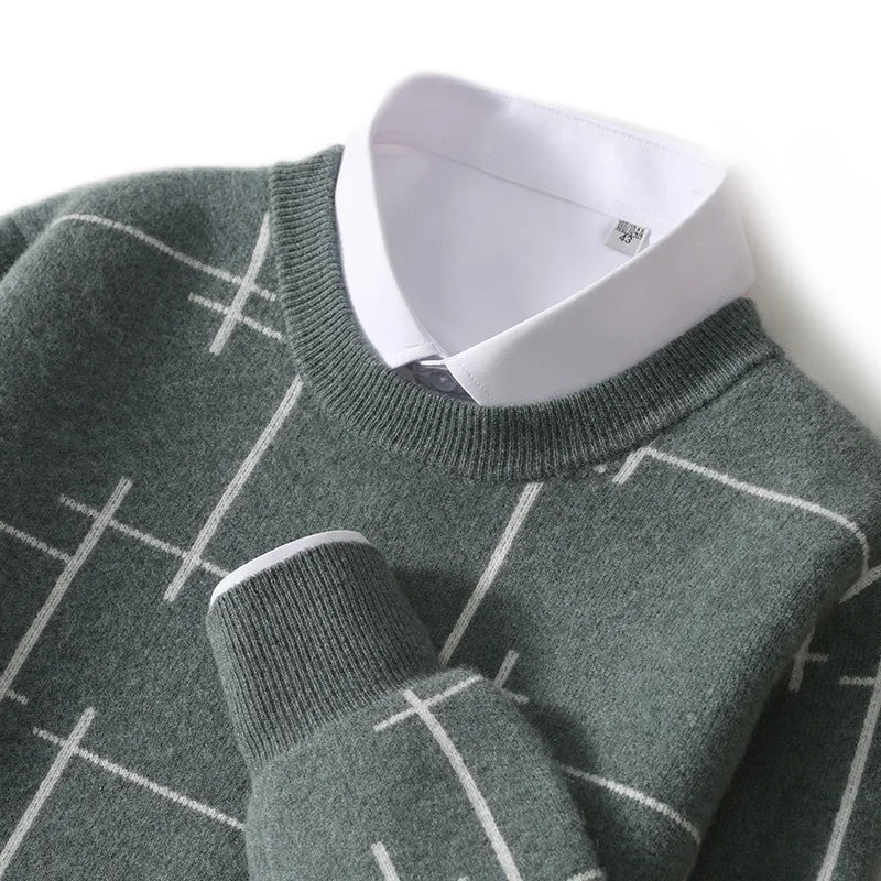 Autumn/Winter 100% Pure Wool Men's O-Neck Thick Business Sweater Loose Casual Wool Knit Bottoming Shirt Men's Sweater