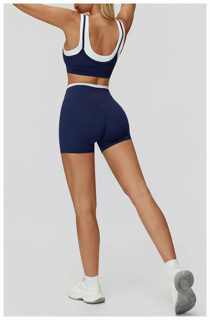 TRY TO BN Yoga Shorts Sets Women's Tracksuit Two Fake Pieces Sports Ribbed Contrasting Color Workout Running Fitness Gym Clothes