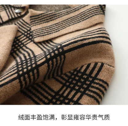 100% Merino Wool Men's Lapel Collar Knit Cardigan Coat 2025 Spring/ Autumn New POLO Neck Grid Suit Shirt Cashmere Jacket Sweater