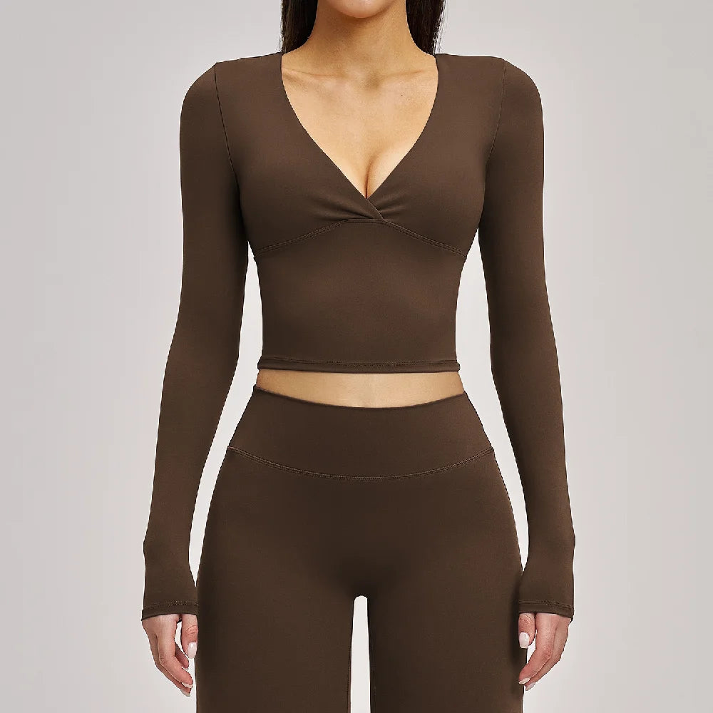 Deep-V Yoga Long Sleeve Solid Sports T-shirts Women's Gym Workout Shirts Sexy Quick Dry Fitness Long Sleeve Female Yoga Shirts