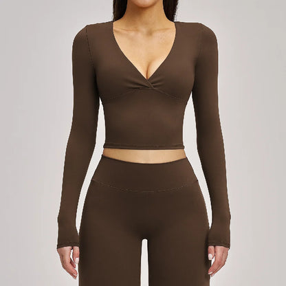Deep-V Yoga Long Sleeve Solid Sports T-shirts Women's Gym Workout Shirts Sexy Quick Dry Fitness Long Sleeve Female Yoga Shirts