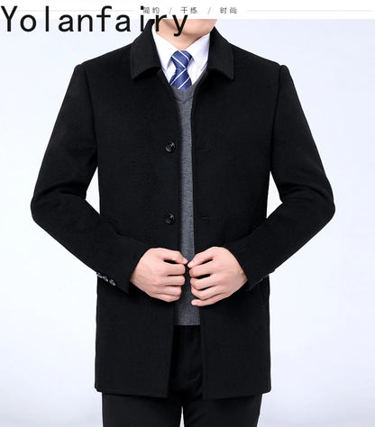 YOLANFAIRY 100% Cashmere Jacket for Men 2025 Autumn Winter Mid-length Wool Coats Man Clothing Casual Business Men's Woolen Coat