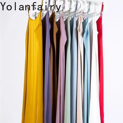 YOLANFAIRY 19momme 93% Mulberry Silk Spaghetti Strap Dress for Women Elegant Mid-length Sexy Real Silk Summer Dresses Woman 원피스