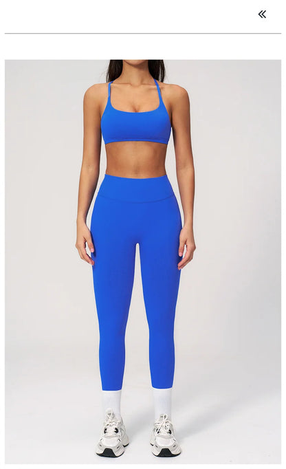 TRY TO BN Women Tracksuit 2 Piece Yoga Set Cross Bra High Waist V Waist Leggings Tummy Control Butt Lifting Workout Running Gym
