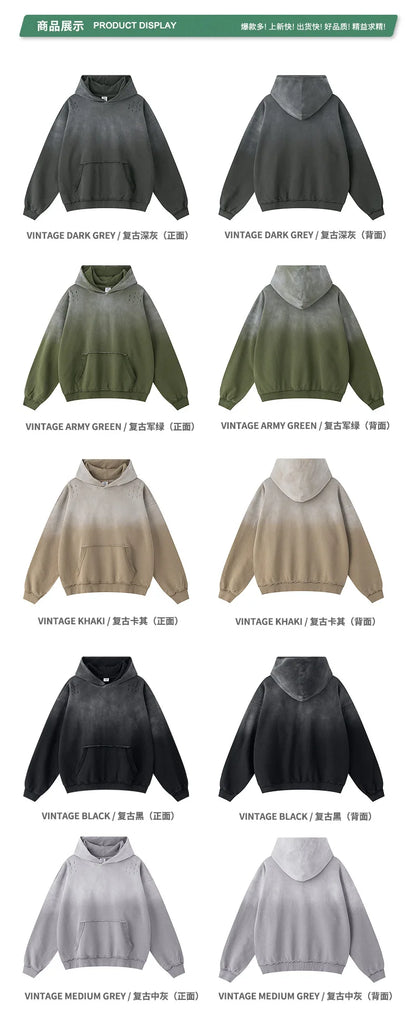 Custom LOGO men's 2025 autumn 370G heavy 100% cotton gradual change hole hooded sweater straight trousers set