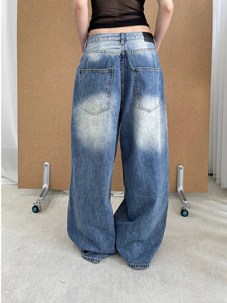 DEAT Fashion Washed Ripped Hole Vintage Straight Jeans Women's High Waist Long Wide Leg Blue Denim Pants Summer New
