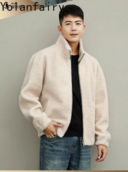 YOLANFAIRY Winter 100% Sheep Shearing Jacket Man Clothing Fashion Stand Collar Granular Lamb Fur Coat Men's Jackets chaqueta