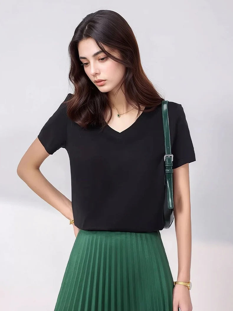 SuyaDream Women Solid T shirts, Silk Cotton Blend, O Neck, Short Sleeved Solid Tee,2025 Summer Candy Colors Basic Cozy Top Green