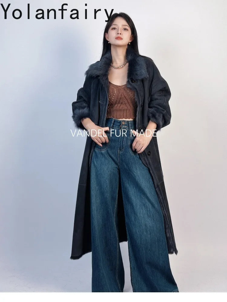 YOLANFAIRY Real Goatskin Leather Fur Coats for Women Winter High-end Natural Fur Coat Lazy Style Long Leather Jacket Luxury Wear