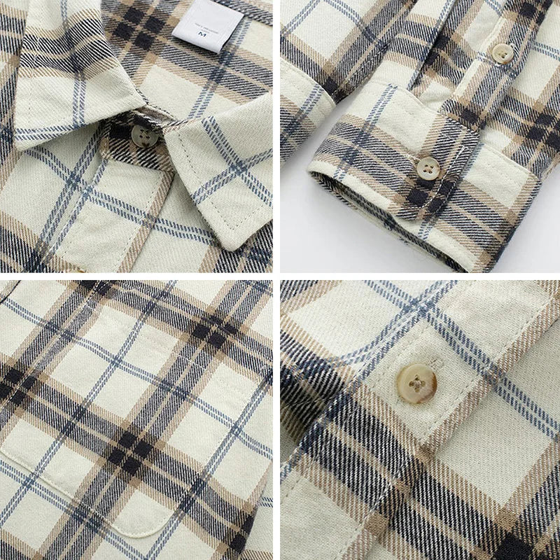 Spring 2025 New American Vintage Plaid Shirt - Men's 100% Cotton Double Pocket Workwear Long Sleeve Slightly Loose Casual Top