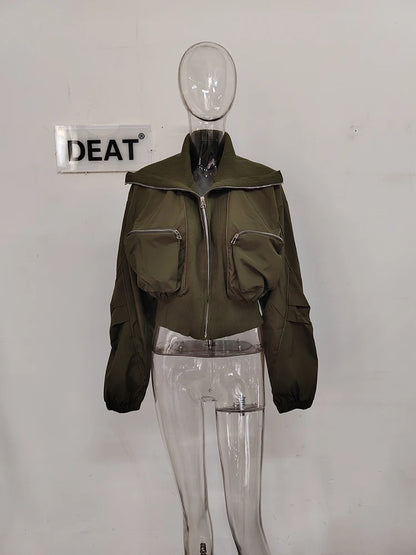 DEAT Fashion Women's Jackets Big Lapel Long Sleves Waist Retraction Zipper 3D Pockets Decoration Coats Spring 2025 New 7AB1819