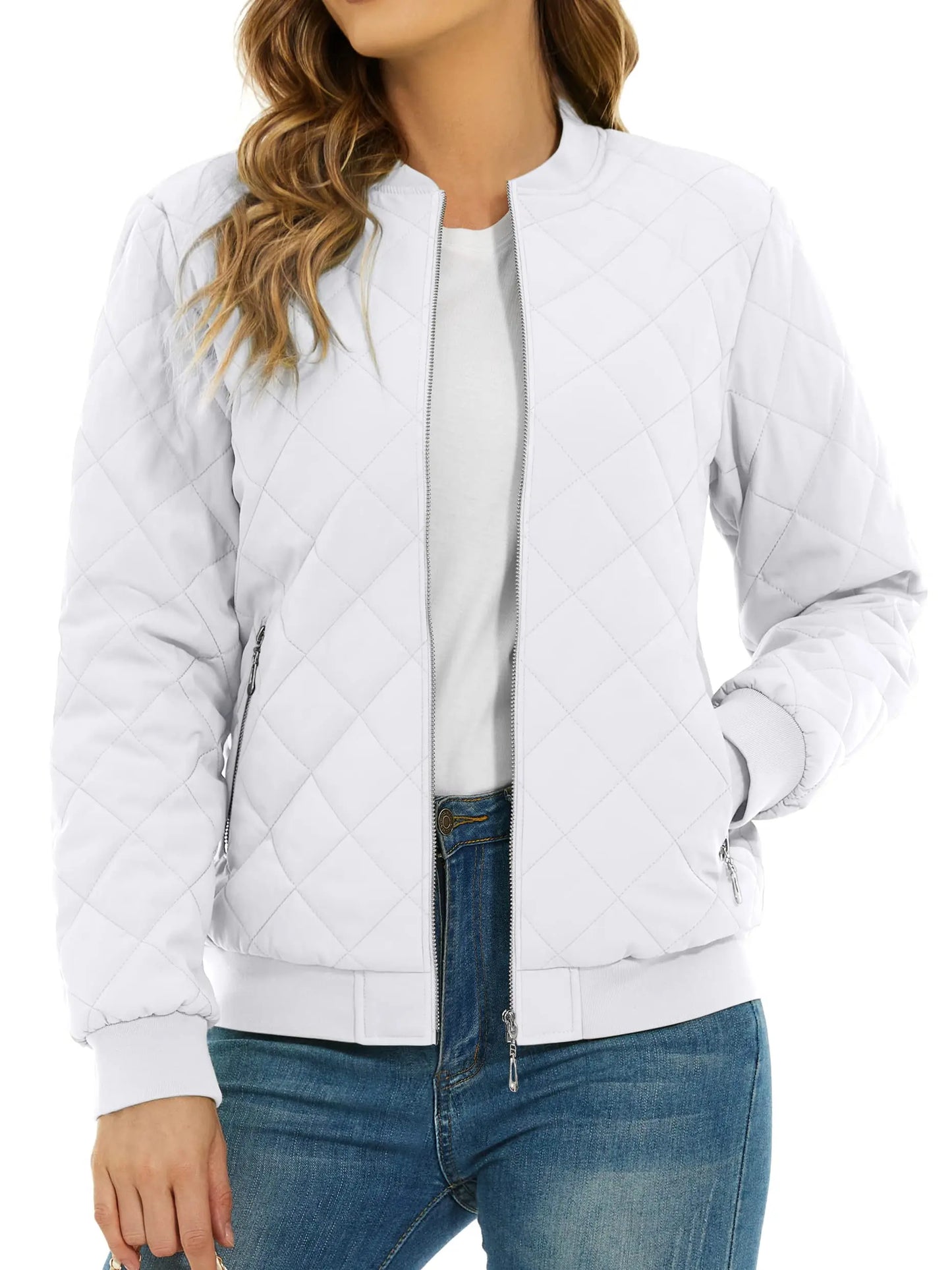 TACVASEN Padded Warm Jackets Womens Fashion Retro Pilot bomber Jackets Diamond Quilted Coats Full Zip Up Pockets Casual Outwear