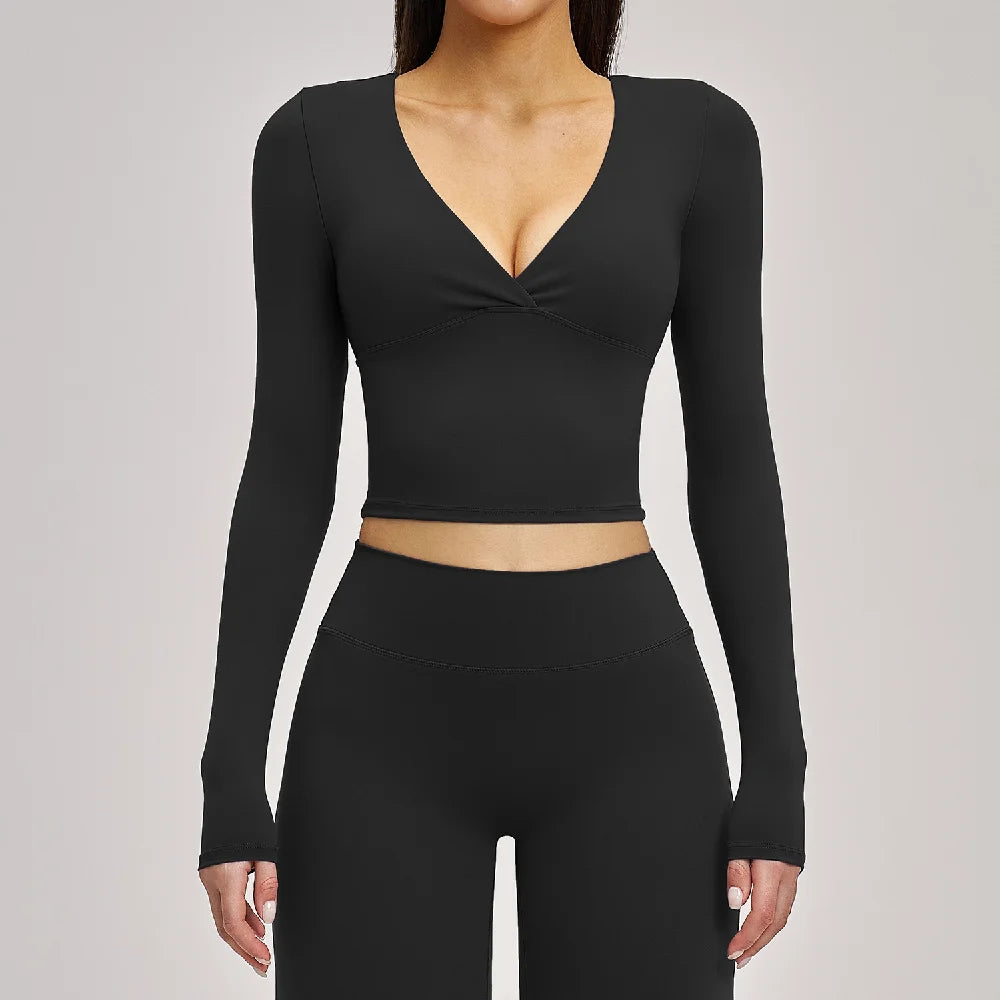 Deep-V Yoga Long Sleeve Solid Sports T-shirts Women's Gym Workout Shirts Sexy Quick Dry Fitness Long Sleeve Female Yoga Shirts