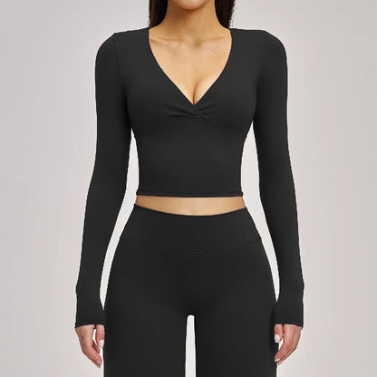 Deep-V Yoga Long Sleeve Solid Sports T-shirts Women's Gym Workout Shirts Sexy Quick Dry Fitness Long Sleeve Female Yoga Shirts