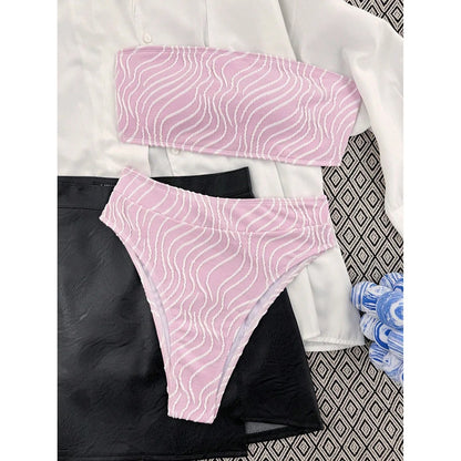 Sexy Wave Striped Bandeau High Waist Bikini Female Swimsuit Women Swimwear Two-pieces Bikini set Bather Bathing Suit Swim V5445