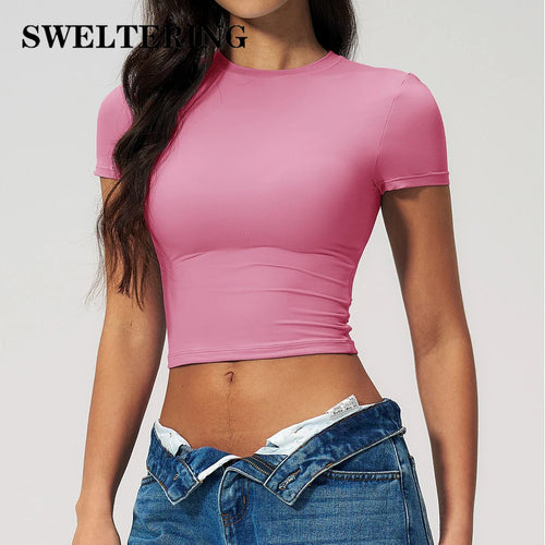 Women Solid Yoga Short Sleeve Breathable Sport T-Shirt Elastic Fitness Yoga Top Gym Shirts Female Casual Running Workout Clothes