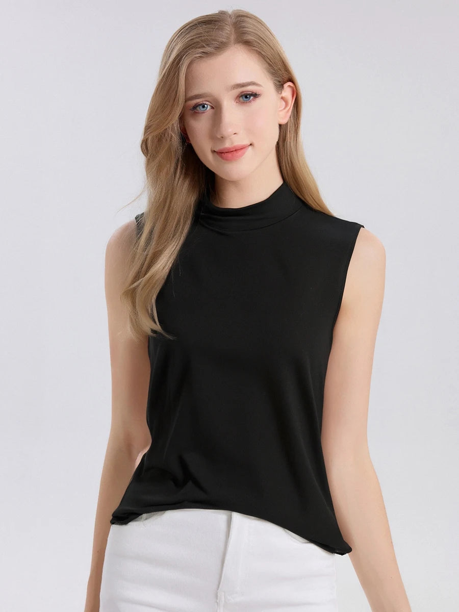 SuyaDream. Women Solid Tanks, 92%Real Silk, Mock Neck, Sleeveless Chic T Shirt, 2025 Solid Summer Vests